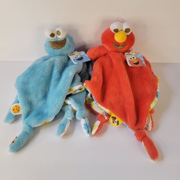 Lot 2 Sesame Street Plush Loveys Blue Cookie Monster Red Elmo Security Blanket - Picture 3 of 15